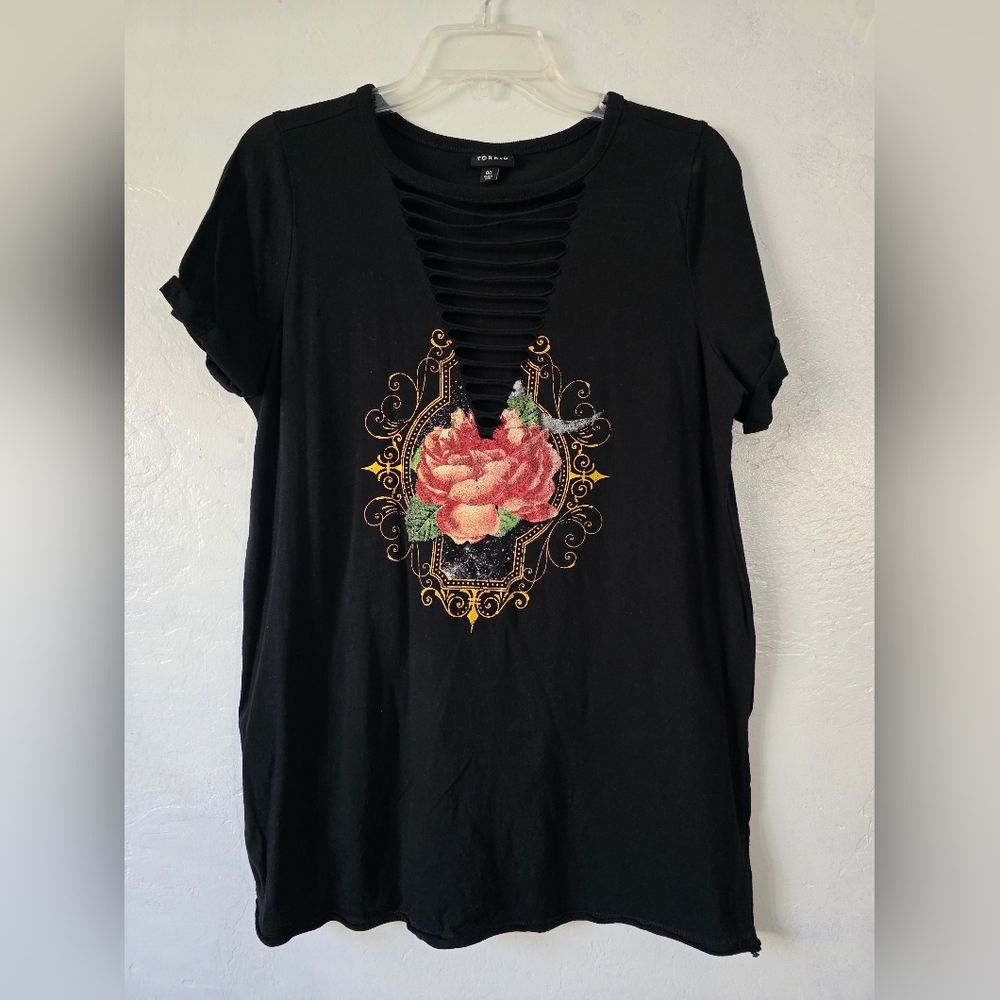 Torrid Black and Pink Graphic Cut Out Tee